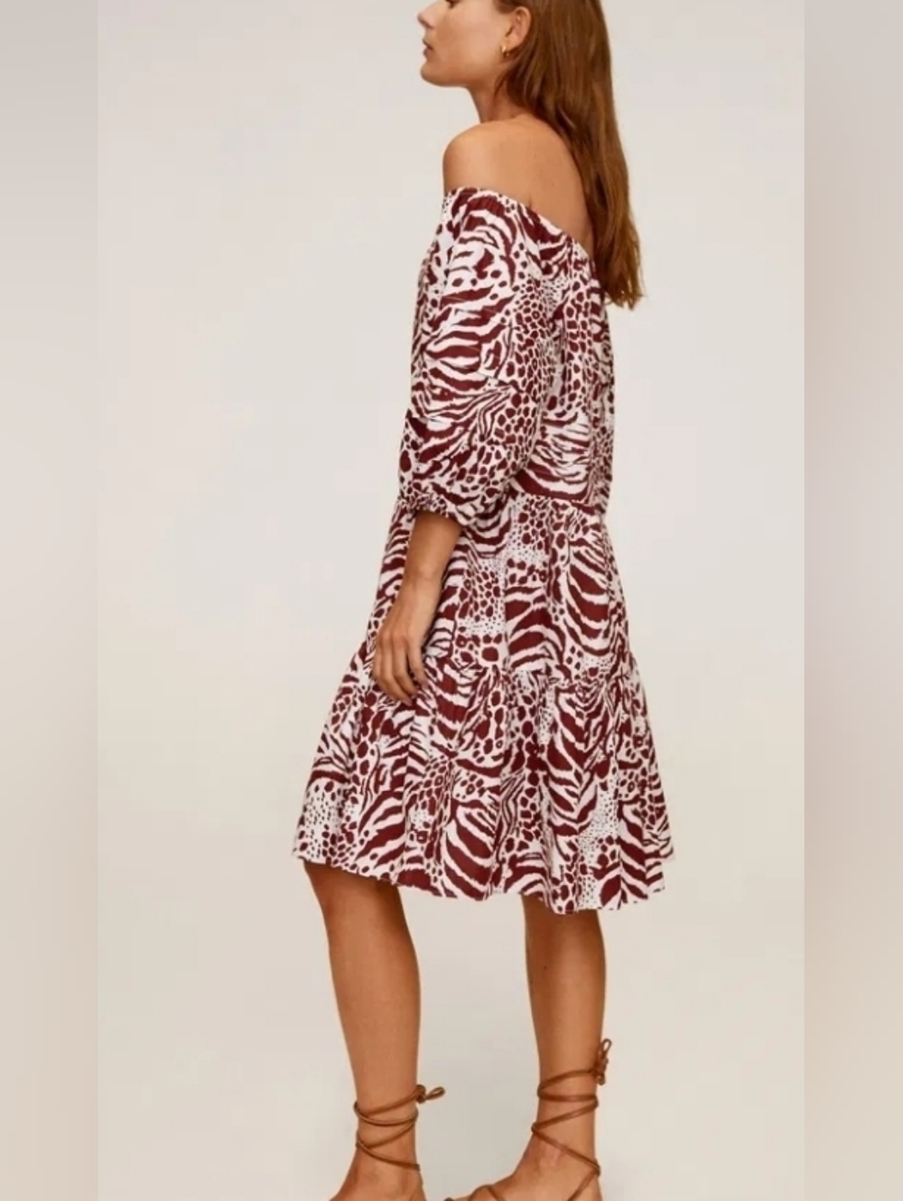Mango Off-Shoulder Burgundy and White Printed Tiered Dress Sz. 4